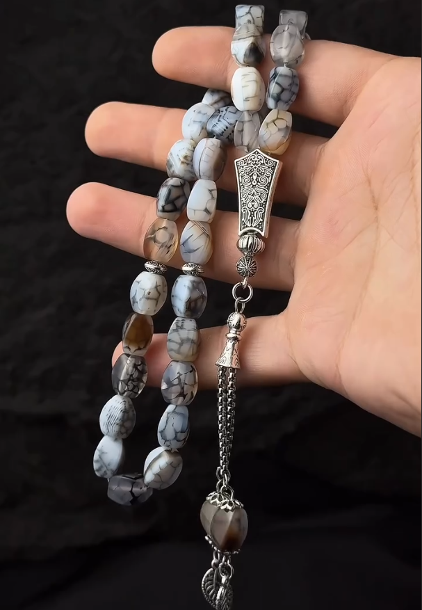 REAL White Agate Stone Islamic Prayer 33 beads Tasbih Misbaha Rosary Tasbeeh