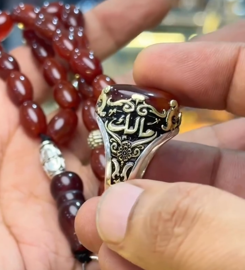 Real REBUY Red Agate Stone Tasbih With Custom Name Ring