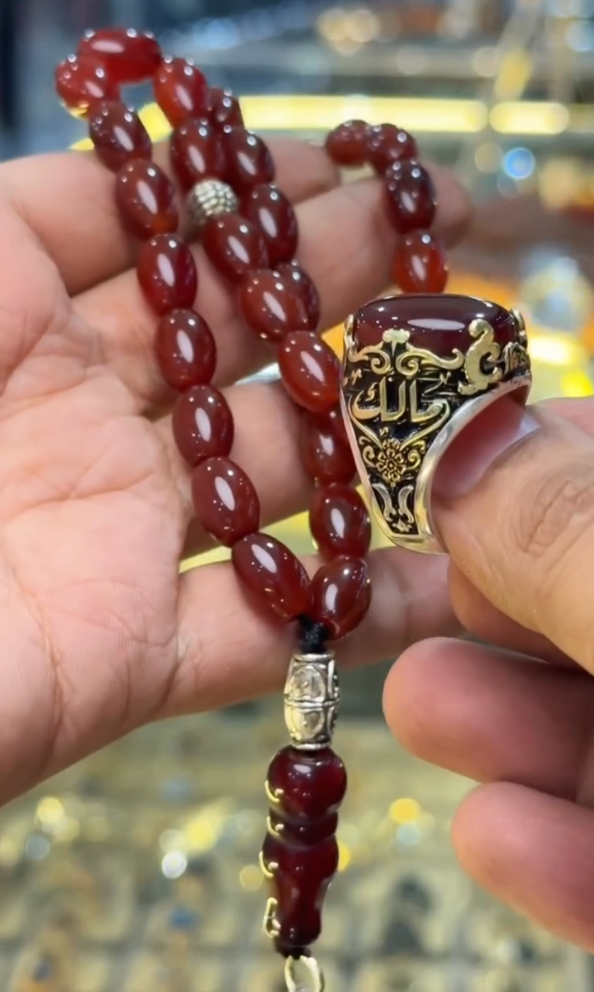 Real REBUY Red Agate Stone Tasbih With Custom Name Ring
