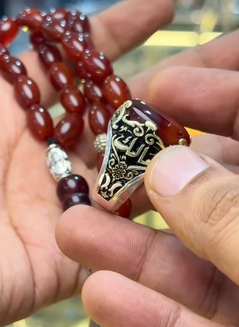 Real REBUY Red Agate Stone Tasbih With Custom Name Ring