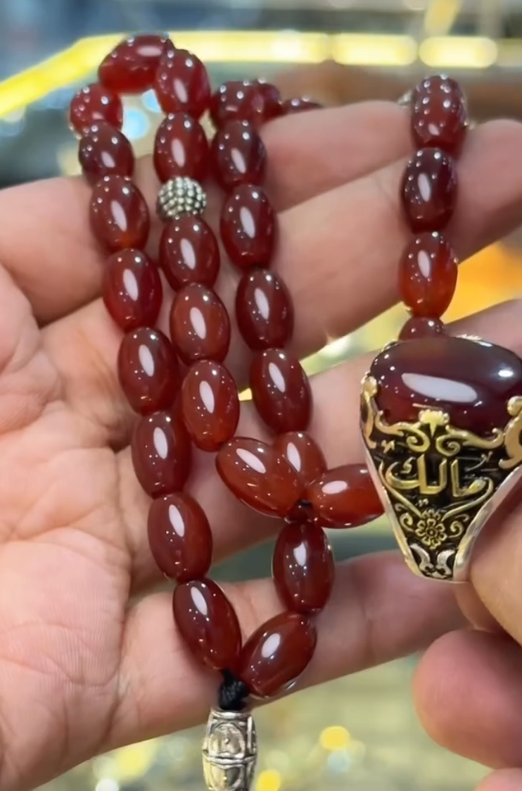 Real REBUY Red Agate Stone Tasbih With Custom Name Ring