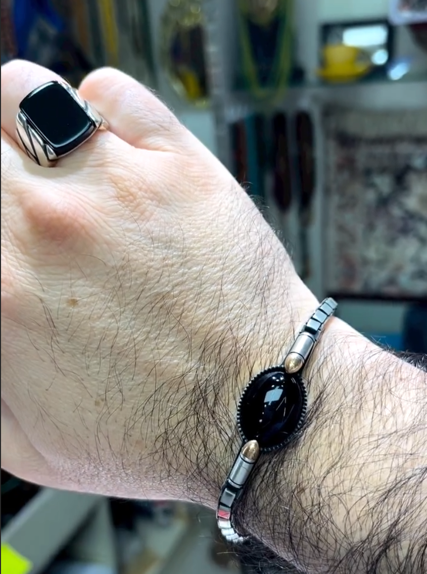 Black Zircon Stone Men's Silver Ring With Black Zircon Bracelet
