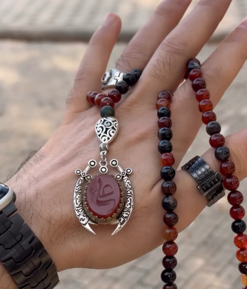 Prestige Hz. Ali Sulemani Dual Sword Aqeeq Tasbih – Shifa Ki Tasbeeh