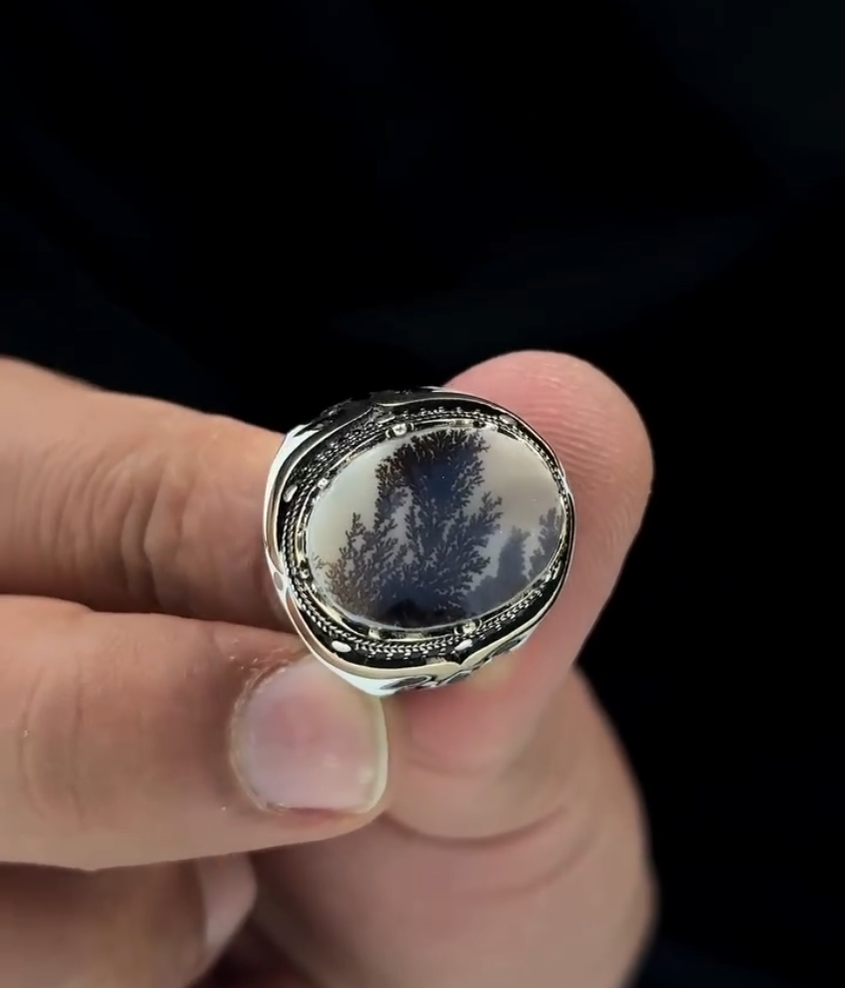 Shajri Aqeeq – Natural Dendritic Agate 925 Silver – VIP Ring