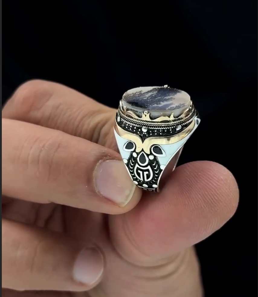 Shajri Aqeeq – Natural Dendritic Agate 925 Silver – VIP Ring
