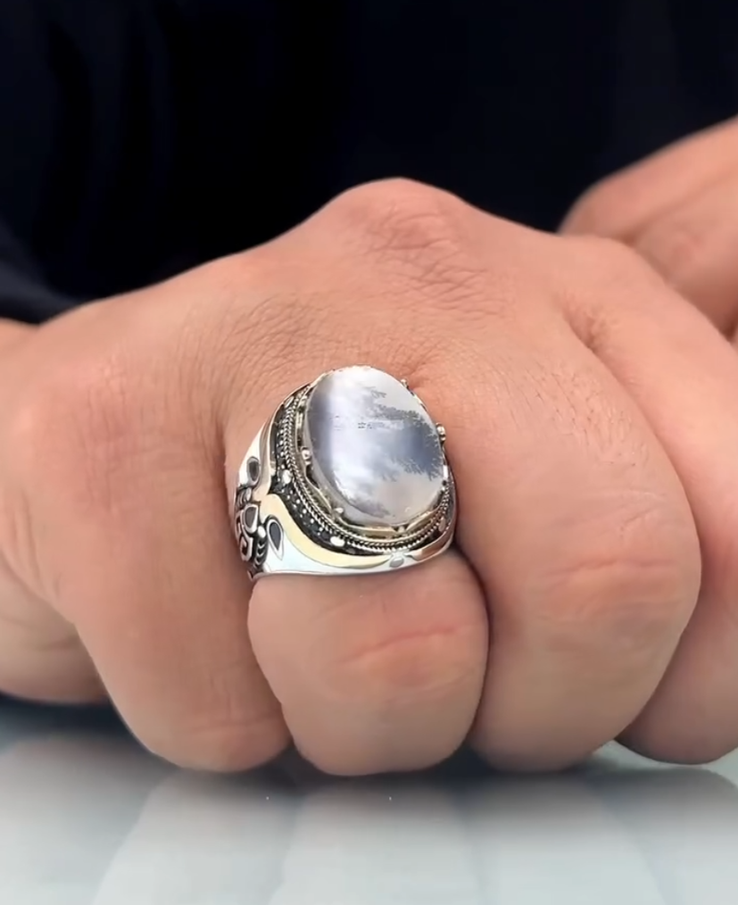 Shajri Aqeeq – Natural Dendritic Agate 925 Silver – VIP Ring